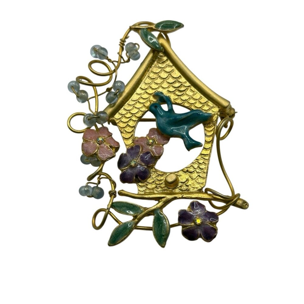VTG Birdhouse Brooch Pin Enamel Beaded AB Rhinestone‎ Blue Bird Gold Tone Floral